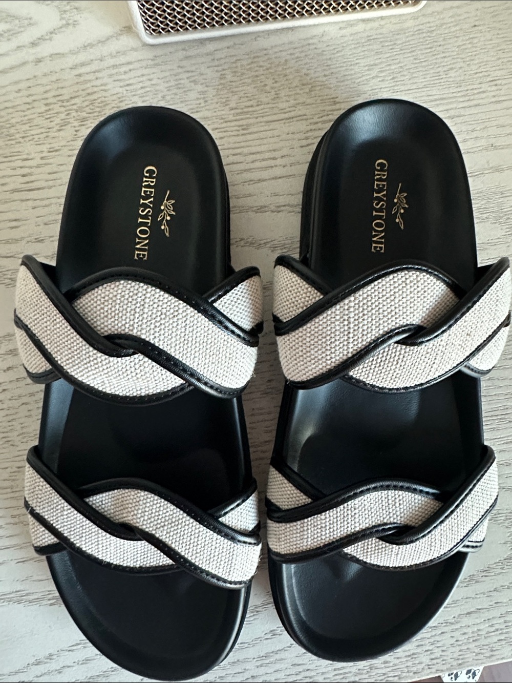 Women's Black and Cream Double Band Slide Sandals